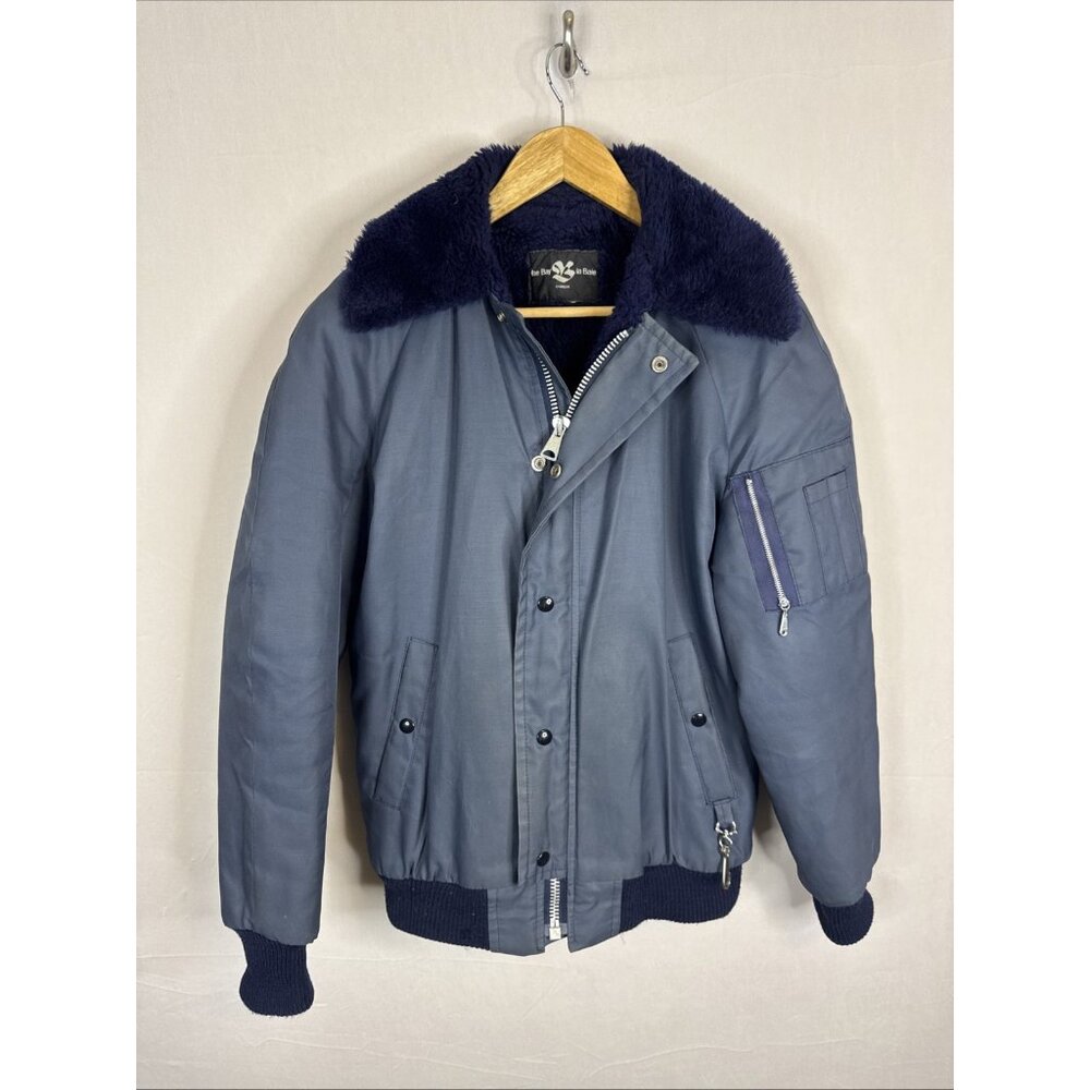 Vintage 1970s–80s HBC Men’s‎ Blue Bomber Jacket Faux Fur Lined Size S Winter